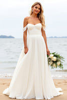 Load image into Gallery viewer, Ivory Chiffon Off the Shoulder Sweep Train Boho Wedding Dress with Slit