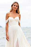Load image into Gallery viewer, Ivory Chiffon Off the Shoulder Sweep Train Boho Wedding Dress with Slit