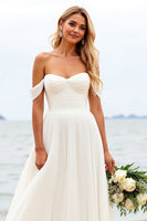 Load image into Gallery viewer, Ivory Chiffon Off the Shoulder Sweep Train Boho Wedding Dress with Slit