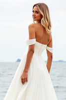 Load image into Gallery viewer, Ivory Chiffon Off the Shoulder Sweep Train Boho Wedding Dress with Slit