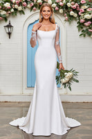 Load image into Gallery viewer, Ivory Satin Square Neck Sweep Train Mermaid Wedding Dress
