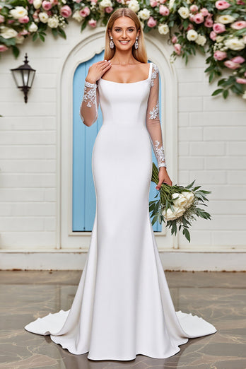 Ivory Satin Square Neck Sweep Train Mermaid Wedding Dress