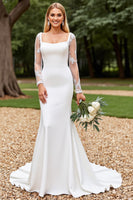 Load image into Gallery viewer, Ivory Satin Square Neck Sweep Train Mermaid Wedding Dress