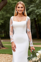Load image into Gallery viewer, Ivory Satin Square Neck Sweep Train Mermaid Wedding Dress