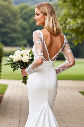 Ivory Satin Square Neck Sweep Train Mermaid Wedding Dress