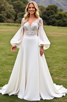 Load image into Gallery viewer, Ivory Satin V Neck Open Back Sweep Train Wedding Dress with Lace