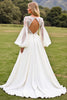 Load image into Gallery viewer, Ivory Satin V Neck Open Back Sweep Train Wedding Dress with Lace