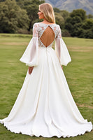 Load image into Gallery viewer, Ivory Satin V Neck Open Back Sweep Train Wedding Dress with Lace