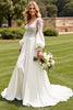 Load image into Gallery viewer, Ivory Satin V Neck Open Back Sweep Train Wedding Dress with Lace