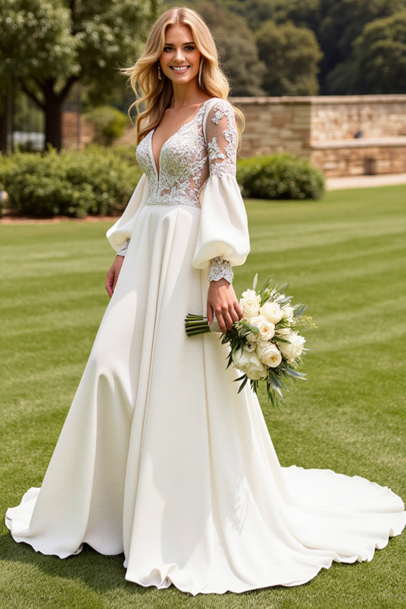 Load image into Gallery viewer, Ivory Satin V Neck Open Back Sweep Train Wedding Dress with Lace