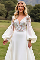 Load image into Gallery viewer, Ivory Satin V Neck Open Back Sweep Train Wedding Dress with Lace