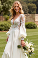 Load image into Gallery viewer, Ivory Satin V Neck Open Back Sweep Train Wedding Dress with Lace