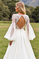 Load image into Gallery viewer, Ivory Satin V Neck Open Back Sweep Train Wedding Dress with Lace