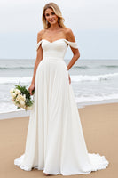 Load image into Gallery viewer, Ivory Chiffon Off the Shoulder Sweep Train Boho Wedding Dress