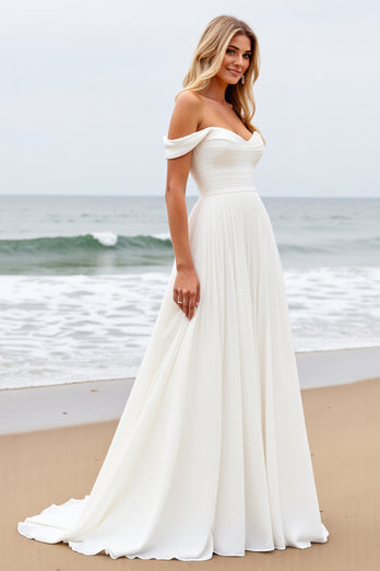 Ivory Chiffon Off the Shoulder Sweep Train Boho Wedding Dress