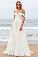 Load image into Gallery viewer, Ivory Chiffon Off the Shoulder Sweep Train Boho Wedding Dress
