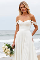 Load image into Gallery viewer, Ivory Chiffon Off the Shoulder Sweep Train Boho Wedding Dress