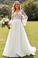 Load image into Gallery viewer, Ivory Chiffon A Line V Neck Sweep Train Boho Wedding Dress with Lace