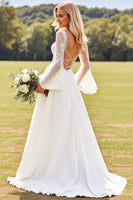 Load image into Gallery viewer, Ivory Chiffon A Line V Neck Sweep Train Boho Wedding Dress with Lace