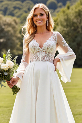 Ivory Chiffon A Line V Neck Sweep Train Boho Wedding Dress with Lace