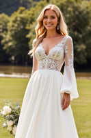 Load image into Gallery viewer, Ivory Chiffon A Line V Neck Sweep Train Boho Wedding Dress with Lace