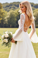 Load image into Gallery viewer, Ivory Chiffon A Line V Neck Sweep Train Boho Wedding Dress with Lace