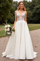 Load image into Gallery viewer, Ivory Satin Sweep Train V Neck Wedding Dress with Lace
