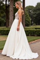 Load image into Gallery viewer, Ivory Satin Sweep Train V Neck Wedding Dress with Lace