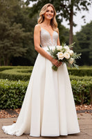 Load image into Gallery viewer, Ivory Satin Sweep Train V Neck Wedding Dress with Lace