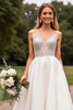 Load image into Gallery viewer, Ivory Satin Sweep Train V Neck Wedding Dress with Lace