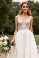 Load image into Gallery viewer, Ivory Satin Sweep Train V Neck Wedding Dress with Lace
