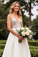 Load image into Gallery viewer, Ivory Satin Sweep Train V Neck Wedding Dress with Lace