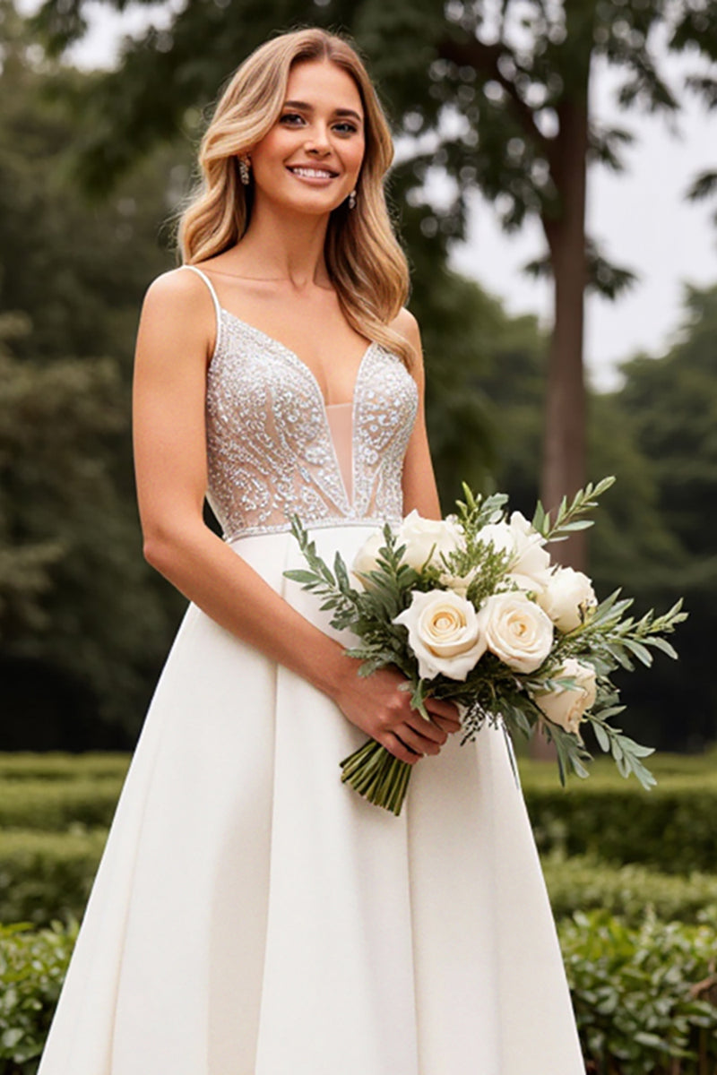 Load image into Gallery viewer, Ivory Satin Sweep Train V Neck Wedding Dress with Lace