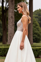 Load image into Gallery viewer, Ivory Satin Sweep Train V Neck Wedding Dress with Lace