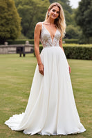 Load image into Gallery viewer, Ivory Chiffon V Neck Sweep Train A Line Boho Wedding Dress with Slit