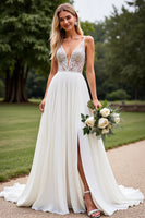 Load image into Gallery viewer, Ivory Chiffon V Neck Sweep Train A Line Boho Wedding Dress with Slit