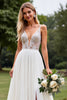 Load image into Gallery viewer, Ivory Chiffon V Neck Sweep Train A Line Boho Wedding Dress with Slit
