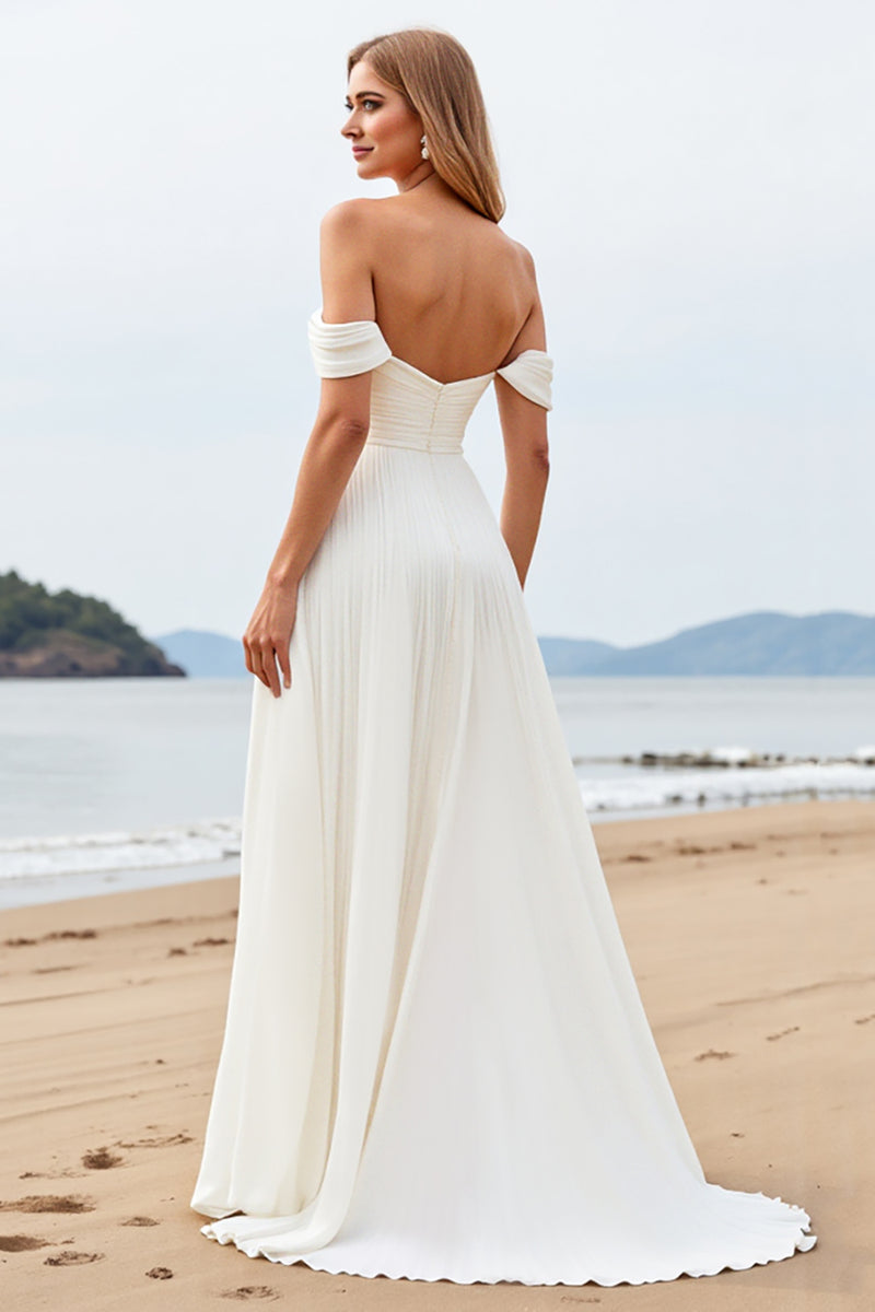 Load image into Gallery viewer, Ivory Chiffon Off the Shoulder Sweep Train A Line Boho Wedding Dress