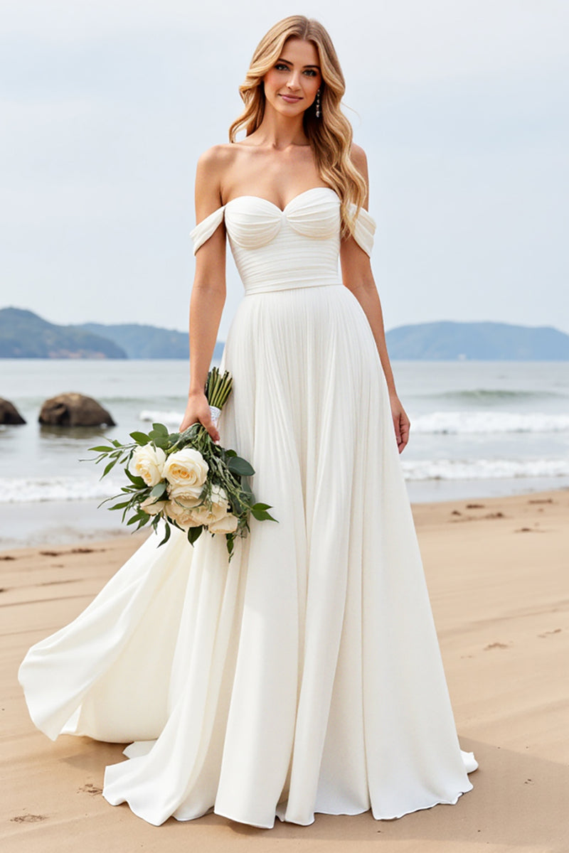 Load image into Gallery viewer, Ivory Chiffon Off the Shoulder Sweep Train A Line Boho Wedding Dress