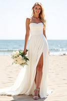 Load image into Gallery viewer, Ivory Chiffon Sweetheart Sweep Train A Line Boho Wedding Dress with Slit
