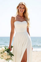 Load image into Gallery viewer, Ivory Chiffon Sweetheart Sweep Train A Line Boho Wedding Dress with Slit