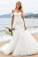 Load image into Gallery viewer, Ivory Satin Mermaid Off the Shoulder Sweep Train Wedding Dress