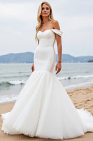 Load image into Gallery viewer, Ivory Satin Mermaid Off the Shoulder Sweep Train Wedding Dress