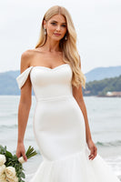 Load image into Gallery viewer, Ivory Satin Mermaid Off the Shoulder Sweep Train Wedding Dress