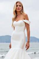 Load image into Gallery viewer, Ivory Satin Mermaid Off the Shoulder Sweep Train Wedding Dress