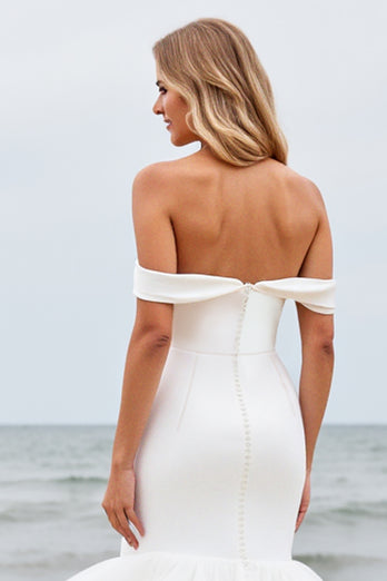 Ivory Satin Mermaid Off the Shoulder Sweep Train Wedding Dress