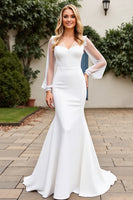 Load image into Gallery viewer, Ivory Satin Mermaid Illusion V Neck Sweep Train Wedding Dress with Lace