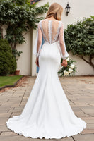 Load image into Gallery viewer, Ivory Satin Mermaid Illusion V Neck Sweep Train Wedding Dress with Lace