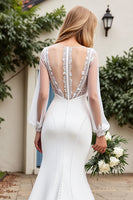 Load image into Gallery viewer, Ivory Satin Mermaid Illusion V Neck Sweep Train Wedding Dress with Lace