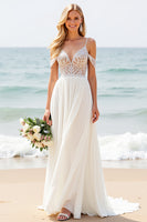 Load image into Gallery viewer, Ivory Chiffon Sweep Train Spaghetti Straps Boho Wedding Dress with Lace